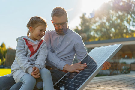 Father showing his little daughter solar photovoltaics panels, explaining how it works. Alternative energy, saving resources and sustainable lifestyle concept.の写真素材