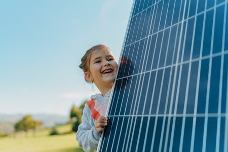 Little girl holding photovoltaics solar panel. Alternative energy, saving resources and sustainable lifestyle concept.の写真素材