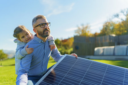 Father with his little daughter catching sun at solar panel,charging at their backyard. Alternative energy, saving resources and sustainable lifestyle concept.の写真素材