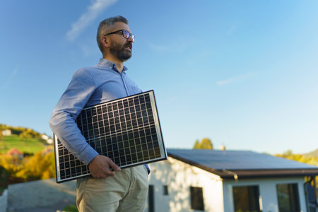 Businessman holding solar panel, standing outdoor at garden.