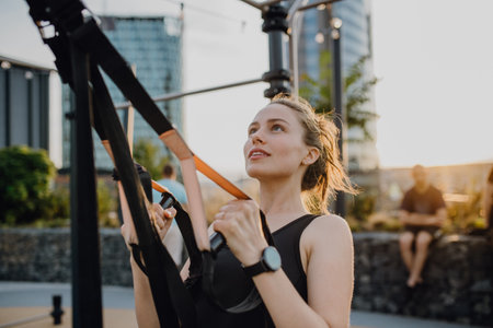 Young woman doing exercises at outdoor work-out city park.の写真素材
