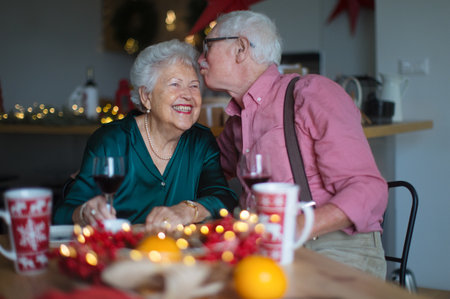 Happy senior couple celebrating Christmas Eve together.の写真素材