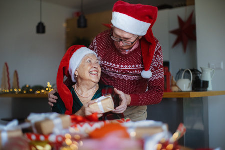 Senior couple celebrating Christmas, giving gifts each other.