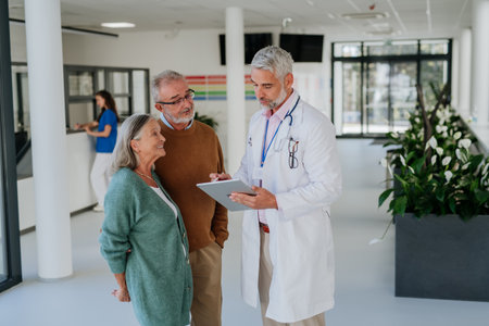 Mature doctor talking with his senior patients at hospital corridor.の写真素材