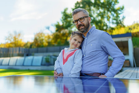 Father with his little daughter catching sun at solar panel,charging at their backyard. Alternative energy, saving resources and sustainable lifestyle concept.の写真素材