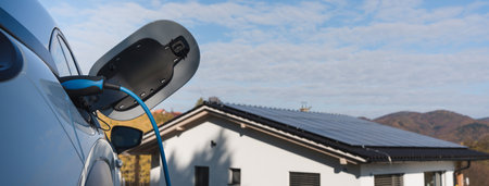 Charging an electric car in home,sustainable transportation concept.