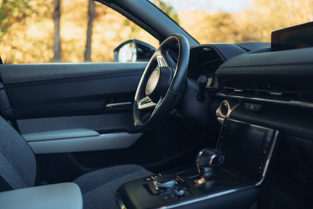 Close-up of luxury, new electric car interior.の写真素材