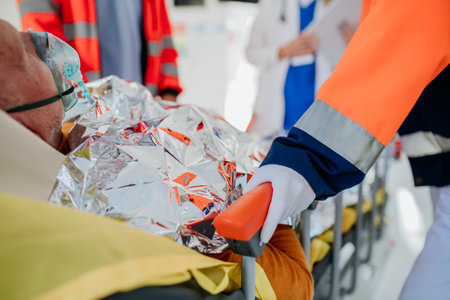 Rescuers taking care of patient from ambulance.の写真素材
