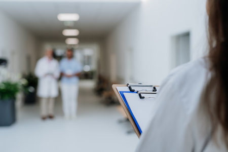 Rear view of young doctor with medical record waiting for older colleagues.の写真素材
