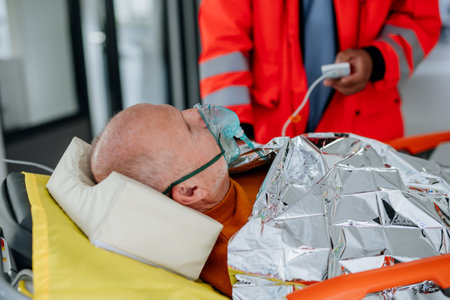 Rescuers taking care of patient from ambulance.