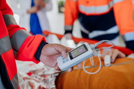 Close-up of rescuers taking care of patient from ambulance, checking oximeter.