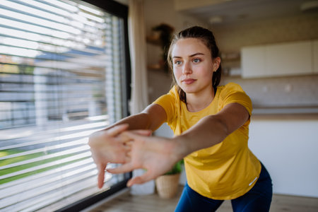 Young woman doing an exercises at home.