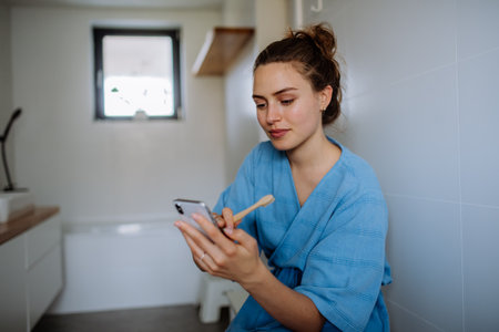 Young woman brushing her teeth and scrolling her smartphone, morning routine concept.
