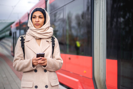 Young muslim woman with smartphone getting off the tram.の写真素材