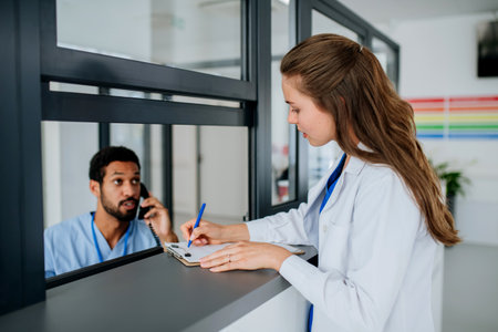 Young doctor talking at hospital reception with her colleague.の写真素材