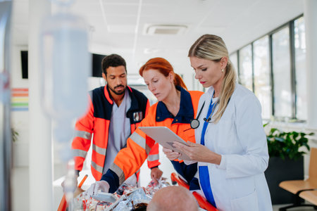 Young woman doctor taking care of patient from rescue ambulance.の写真素材