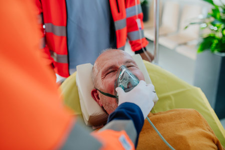 Rescuers taking care of patient from ambulance, close-up.の写真素材