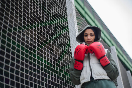 Portrait of young muslim woman with boxing gloves standing outdoor.