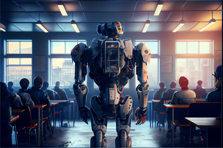 Robot teaching a other robots in a school, futurisitic concept.の写真素材