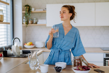 Young woman preparing muesli for breakfast in her kitchen, morning routine and healthy lifestyle concept.の写真素材