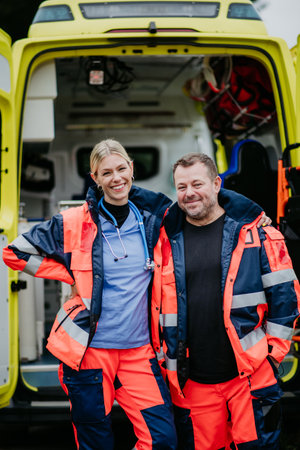 Portrait of rescuers in front of ambulance car.の写真素材