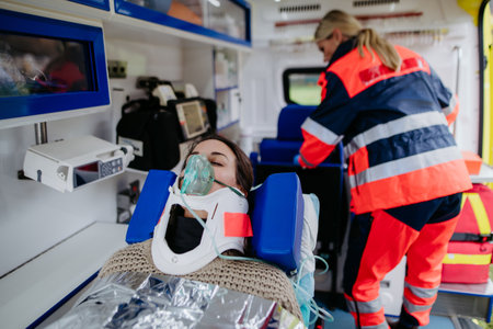 Rescuer taking care of patient, preparing her for transport.の写真素材