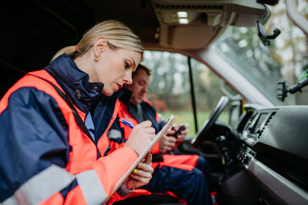 Team of rescuers preparing in ambulance car to outdoor operation.の写真素材