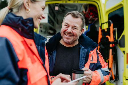 Rescuers having break in front of ambulance car, talking and drinking coffee.の写真素材