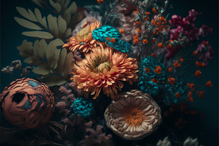 Illustration of bouquet on dark background.Created with Generative AI technology.の素材