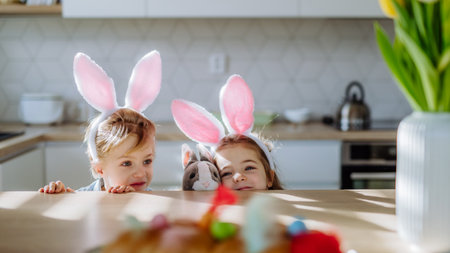 Little siblings enjoying easter time together in home.の写真素材