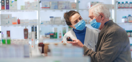 Young pharmacist helping senior man to choos medication.の写真素材