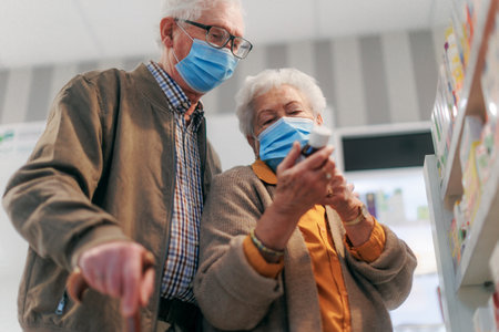 Senior couple looking for medicine in pharmacy store.の写真素材