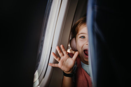 Little curious girl looking through seat in airplane.の写真素材