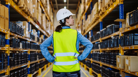 Rear view of warehouse female worker checking up stuff in a warehouse.の写真素材