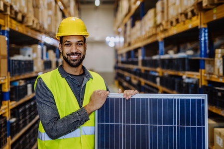 Portrait of warehouse worker with solar panel.の写真素材