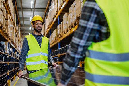 Smiling warehouse workers carring a solar panel.