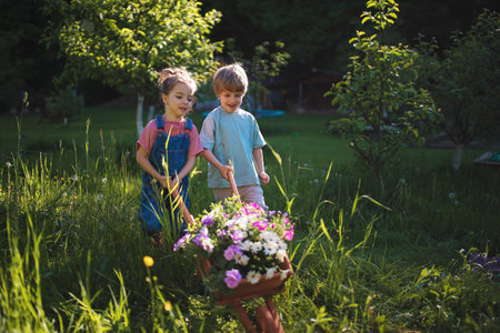 Little children with wooden wheelbarrow full of flowers.の写真素材