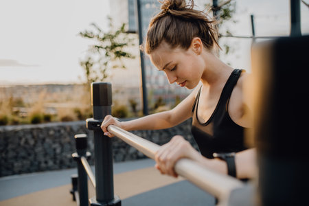 Young woman doing exercises at outdoor work-out city park.の写真素材