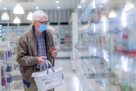 Senior man choosing pills in a pharmacy store.の写真素材