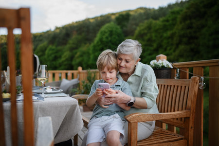 Little boy with his grandmother looking in smartphone during bbq party.の写真素材