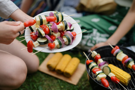 High angle view of vegetable prepared for babrbecue.の写真素材