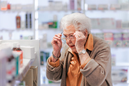 Senior woman reading text on the medication box.の写真素材