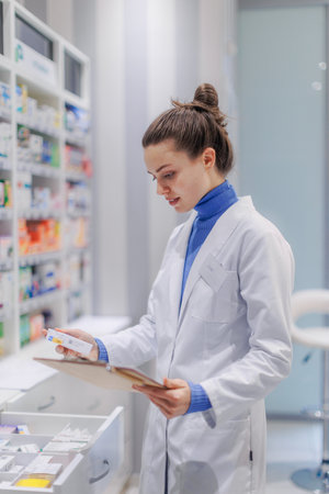 Young pharmacist checking medicine stock in pharmacy.の写真素材