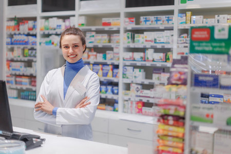 Portrait of young pharmacist selling medication in pharmacy.の写真素材