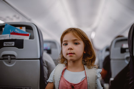 Happy little girl standing in aisle in the plane.の写真素材