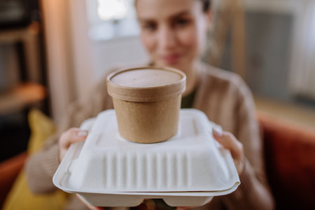 Young woman with ordered lunch from the restaurant.の写真素材