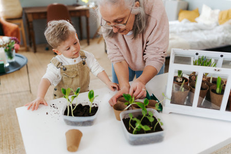 Grandmother with her grandson planting vegetables and flowers.の写真素材