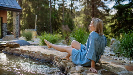 Happy young woman sitting by pond near cottege and enjoying cup of morning coffee on summer vacation in mountains. High angle view.の写真素材