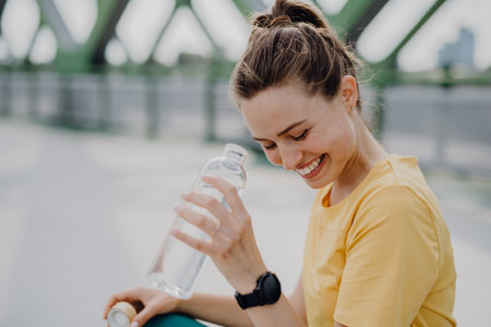 Young woman drinking water during jogging in city, healthy lifestyle and sport concept.の写真素材