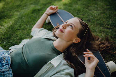 High angle view of young woman lying on the grass with her skateboard.の写真素材